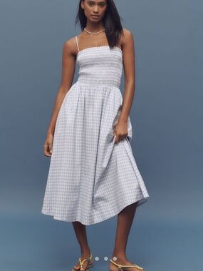 NWT Reformation Light Blue Gingham Smocked Midi Dress